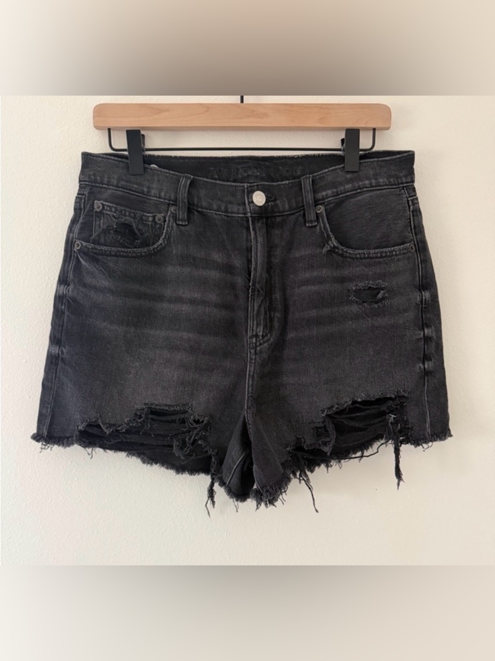 American Eagle Outfitters Black Distressed High-Rise Jean Shorts